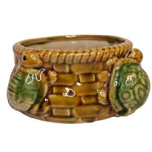 Vintage Ceramic Majolica Round Pottery Planter With Turtles Basket Weave Design